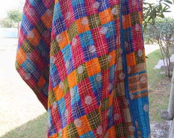 Handmade Kantha Quilt, Reversible Cotton Bedspread, Vintage Indian Patchwork Blanket, Boho Bedding Throw