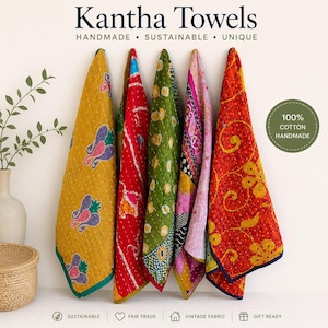 Juego de 5 toallas de cocina Kantha hechas a mano, toallas de cocina de algodón indio coloridas, toalla de decoración mixta para pared de cocina estilo boho
