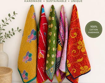 Handgemaakte Kantha keukendoeken set van 5, kleurrijke Indiase katoenen theedoeken, boho keuken wanddecoratie