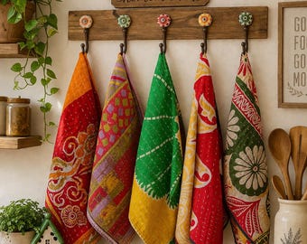 Kantha Kitchen Towel Set of 5-Handmade Mix Vintage Cotton Tea Towels with Hanging Loop, Soft & Durable Kitchen Towels