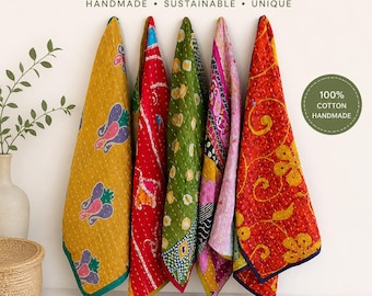 Handmade Vintage Kantha Kitchen Towel Set of 5-pcs, Colorful Vintage Cotton Tea Towels with Hanging Loop, Mix Assorated towels