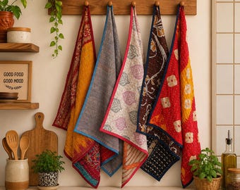 Handmade Kitchen Towel Set of 5 – Bright Colorful Cotton Tea Towels for Kitchen Use & Housewarming Gift Assorted Eco Friendly