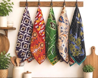 Handmade Vintage Kantha Kitchen hanging loop set of 5 pcs Kantha towel, Colorful soft towels Kitchen Decor,loop towels