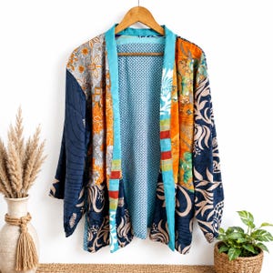 Vintage Patchwork Silk Robe Short Silk Sari Kimono Robe Women Summer Kimono Short  Dress