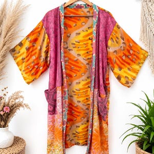 Vintage Recycled Silk Saree Kimono Robe, Bohemian Patchwork Beach ,Vintage Silk sari Bath Robes