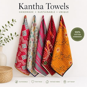 Puede incluir: Cinco toallas Kantha colgadas con diversos patrones y colores, incluyendo rojo, blanco, verde, rosa y naranja. El texto dice Kantha Towels, Handmade, Sustainable, Unique y 100% Cotton Handmade. Cada toalla presenta costuras detalladas.