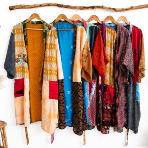 Vintage Recycled Silk Kimono Robe, boho Patchwork Kimono, Handmade Indian Textile Jacket, Colorful Bohemian Duster, Unique Gift for Her