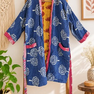Kantha Kimono Robe, Blue Floral Cotton Kimono, Handmade Duster, Indian Kantha Jacket, Colorful Open Front Robe