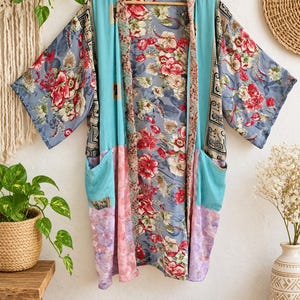 Vintage Patchwork Silk Robe long gown, Silk Sari Kimono Robe Women Summer Kimono long Dress