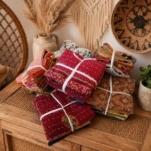 Boho Kantha Fabric Bundle, Assorted Vintage Cotton Scraps, Quilting Fabric Pack, Sewing & Patchwork Supplies