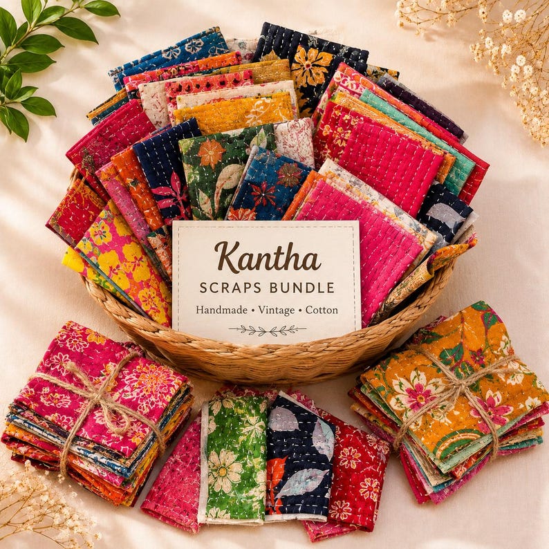 May include: A woven basket filled with a variety of colorful, patterned cotton fabric scraps featuring Kantha stitching. A rectangular card in the center reads Kantha SCRAPS BUNDLE Handmade &bull; Vintage &bull; Cotton. Two stacks of fabric are tied with twine.