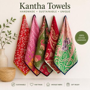 May include: Five rectangular Kantha towels hanging in a row, featuring diverse floral and paisley patterns in red, pink, green, and peach. Each towel is made of 100% cotton and displays visible running stitch embroidery. The text Kantha Towels is at the top.