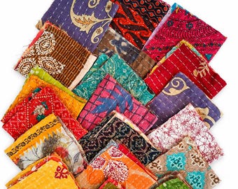 Handmade Vintage Kantha Fabric Bundle | Quilting Scrap Pack | Colorful Handmade Textile Set of 20 pcs
