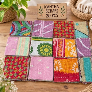 Kantha Fabric Scraps 20 Pcs, Colorful Indian Cotton Quilt Fabric, Patchwork Sewing Scraps, Craft Fabric, Textile Remnants