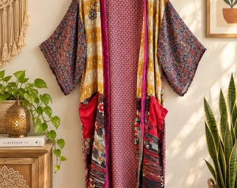 Vintage Patchwork Silk Robe long gown, Silk Sari Kimono Robe Women Summer Kimono long Dress