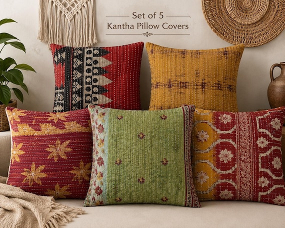 Handmae Kantha Cushion Cover, Handmade Boho Pillow Cover, Vintage Cotton Throw Pillow, Rustic Home Decor set of 5 pcs assorated
