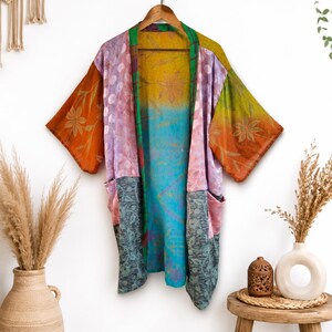 Vintage Patchwork Silk Kimono Robe, Boho Floral Open Front Jacket, Upcycled Sari Kimono, Lightweight Festival Cover Up, Handmade Bohemian