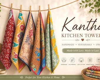 Boho Kantha Kitchen Towels: Vintage Dish Cloths | Handmade KanthaTea Towel Set 5 pcs Mix Assprated