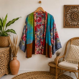 Vintage Colorful Kimono for Women, Floral Patchwork Kimono Robe, Handmade Bohemian Duster Jacket, Vintage Festival Wear short dress