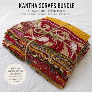 May include: A stack of assorted vintage Kantha cotton fabric scraps tied with twine. The bundle features various colors including red, yellow, and green with visible running stitch patterns. Text reads: KANTHA SCRAPS BUNDLE, Vintage Cotton Fabric Pieces, For Quilting, Sewing, Crafting, Patchwork, ASSORTED VINTAGE KANTHA FABRIC SCRAPS, 100% RECYCLED COTTON.