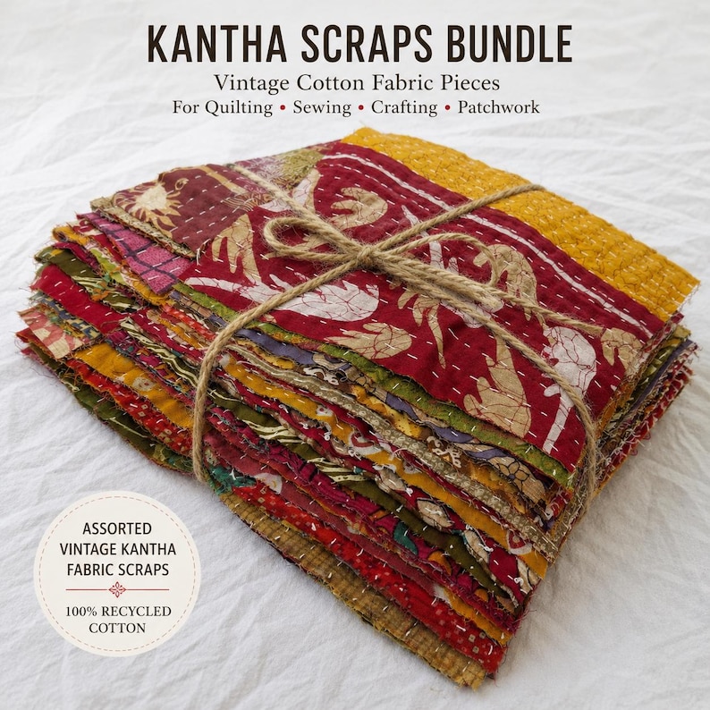 May include: A stack of assorted vintage Kantha cotton fabric scraps tied with twine. The bundle features various colors including red, yellow, and green with visible running stitch patterns. Text reads: KANTHA SCRAPS BUNDLE, Vintage Cotton Fabric Pieces, For Quilting, Sewing, Crafting, Patchwork, ASSORTED VINTAGE KANTHA FABRIC SCRAPS, 100% RECYCLED COTTON.