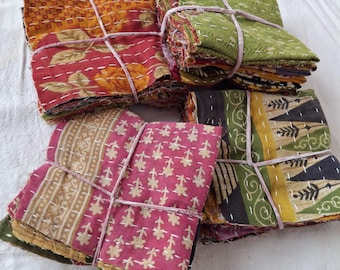 Handmade Kantha Fabric Scraps Bundle – Colorful Indian Cotton Quilting Pieces for Sewing & Patchwork