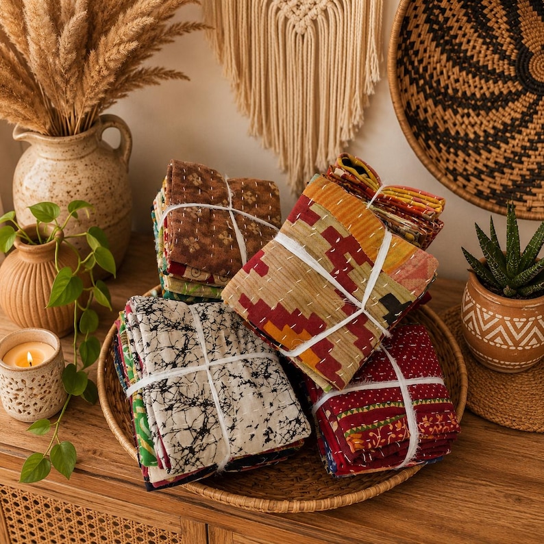 May include: A collection of folded fabric squares featuring various patterns and colors, including brown, yellow, red, and black and white, all tied together with white string and arranged in a round woven basket on a wooden surface.