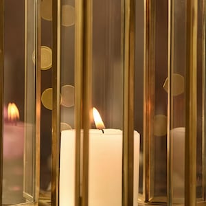 Brass & Glass Hurricane Candle Holder: Handmade Geometric Centerpiece