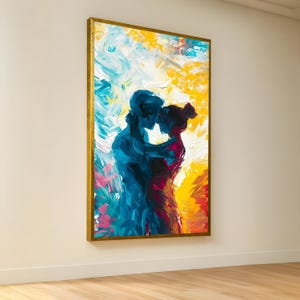 Abstraktes Paar Umarmung Leinwand, moderne romantische Wandkunst, bunte Liebhaber Malerei, expressionistische Leinwandkunst, intime Wohnkultur