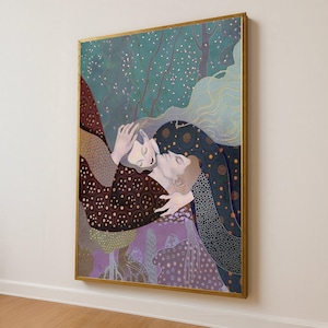 Romantische Umarmung Leinwand Wandkunst, Abstrakte Liebhaber Malerei, Moderne Liebe Illustration, Dekorative Paar Kunst, Schlafzimmer Leinwand Dekor