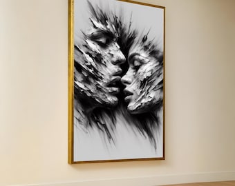 Abstract Couple Embrace Canvas, Black and White Faces Art, Romantic Wall Decor, Modern Expressionist Portrait, Intimate Love Canvas