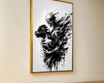 Dark Embrace Canvas Wall Art, Skeleton and Woman, Gothic Love Painting, Black and White Romance, Dramatic Art Print, Home Decoration