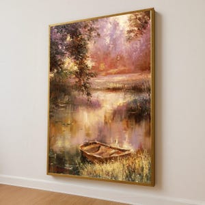 Tranquil River Boat Canvas, Sunset Nature Landscape, Serene Water Reflection Wall Art, Rustic Outdoor Scene, Cozy Home Decoration