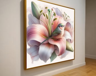 Delicate Lilies and Small Bird Canvas, Soft Floral Wall Art, Pastel Nature Painting, Botanical Decor, Ready to Hang Canvas Art