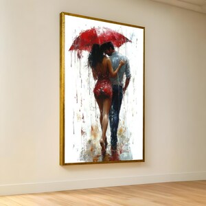 Romantic Couple Under Red Umbrella Canvas, Rainy Day Impressionist Wall Art, Abstract Love Painting, Modern Home Decor, Ready to Hang Canvas