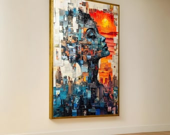 Abstract Female Profile Canvas, Cityscape Sunset Wall Art, Mixed Media Collage Print, Modern Urban Decor, Contemporary Canvas Art