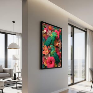Stampa su tela con pappagalli tropicali, uccelli e fiori esotici, decorazioni naturali colorate, tela floreale vibrante, stampa di fauna selvatica tropicale, pronta per