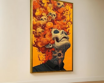 Lienzo de calavera ardiente: decoración gótica surrealista para el hogar