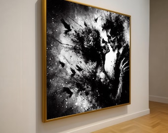 Dark Romantic Skeleton Couple Canvas, Gothic Skull Art, Black and White Wall Decor, Moody Abstract Love Canvas, Halloween Home Decoration