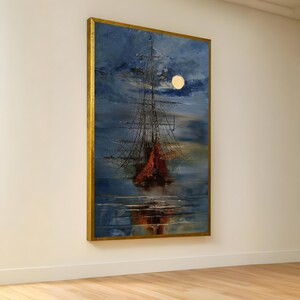 Moonlit Sailing Ship Canvas, Maritime Wall Art, Night Sea Landscape, Nautical Canvas Decoration, Ocean Ship Painting, Coastal Home Art