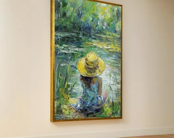Impressionist Lakeside Canvas Art: Girl in Yellow Hat, Peaceful Reflection
