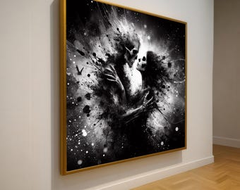 Dark Romantic Embrace, Skeleton Lovers Canvas, Gothic Wall Art, Black and White Abstract Canvas, Haunted Love Artwork, Home Decor