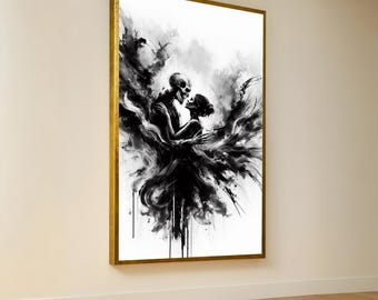 Dark Embrace Canvas Wall Art, Gothic Skeleton and Woman, Black White Abstract Love Painting, Edgy Romantic Home Decor