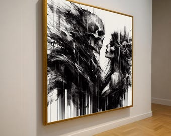 Dark Romance Skull Couple Canvas, Gothic Skull Wall Art, Black White Canvas Print, Abstract Skeleton Lovers Decor, Modern Home Decoration