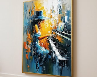 May include: Abstract oil painting of a person playing a piano. The artwork features a person in a blue dress and hat, with long blonde hair, playing a piano with a black and white keyboard. The background is a mix of orange, yellow, and blue.