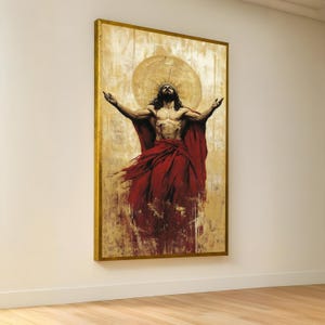Inspirational Jesus Christ Canvas Wall Art, Religious Christian Decor, Sacred Heart Painting, Spiritual Wall Hanging, Red Cloak Art Print