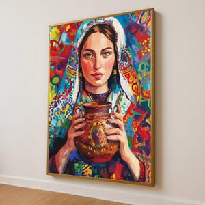 Vibrant Ethnic Woman Portrait Canvas, Colorful Abstract Art, Traditional Attire Painting, Bohemian Wall Decor, Artistic Home Decoration