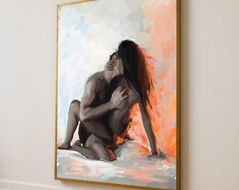 Passionate Embrace Canvas: Romantic Abstract Couple Art, Modern Bedroom Decor