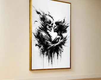 Dark Love Embrace Canvas, Skull and Woman Wall Art, Black and White Abstract Canvas, Gothic Romantic Home Decor, Modern Art Print