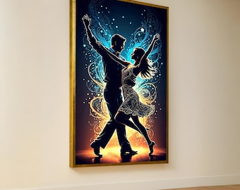 Romantic Dance Silhouette Canvas, Couple Dancing Wall Art, Graceful Ballroom Art, Vibrant Abstract Background, Elegant Home Decoration